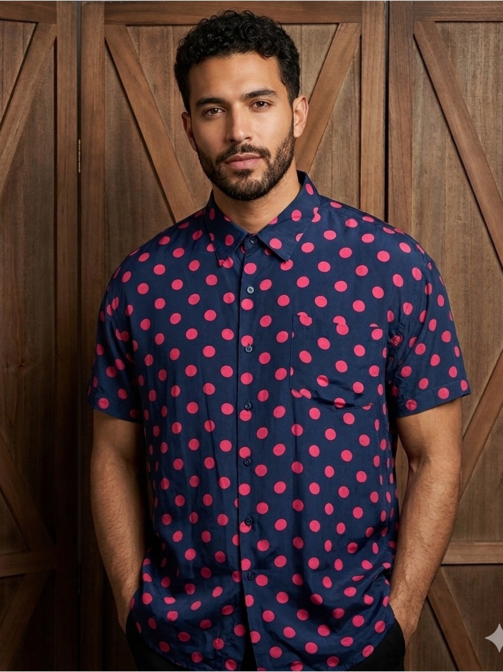 OLEG CASSINI Men’s Vintage Navy 100% Silk Shirt with Pink Polka Dots Sz LARGE